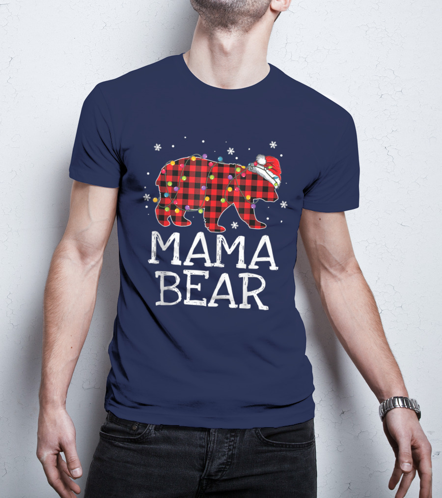 Mama Bear Red Plaid Christmas Lights Santa Hat Snowflakes T-Shirt