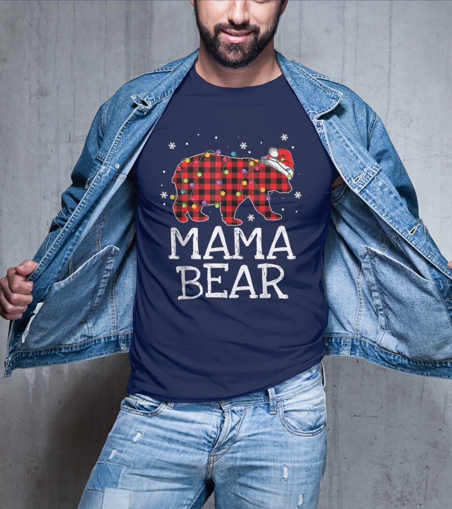 Mama Bear Red Plaid Christmas Lights Santa Hat Snowflakes T-Shirt