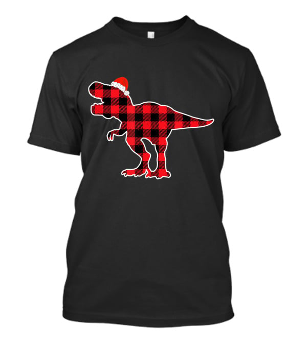 Red Plaid Dinosaur Wearing Santa Hat T-Shirt