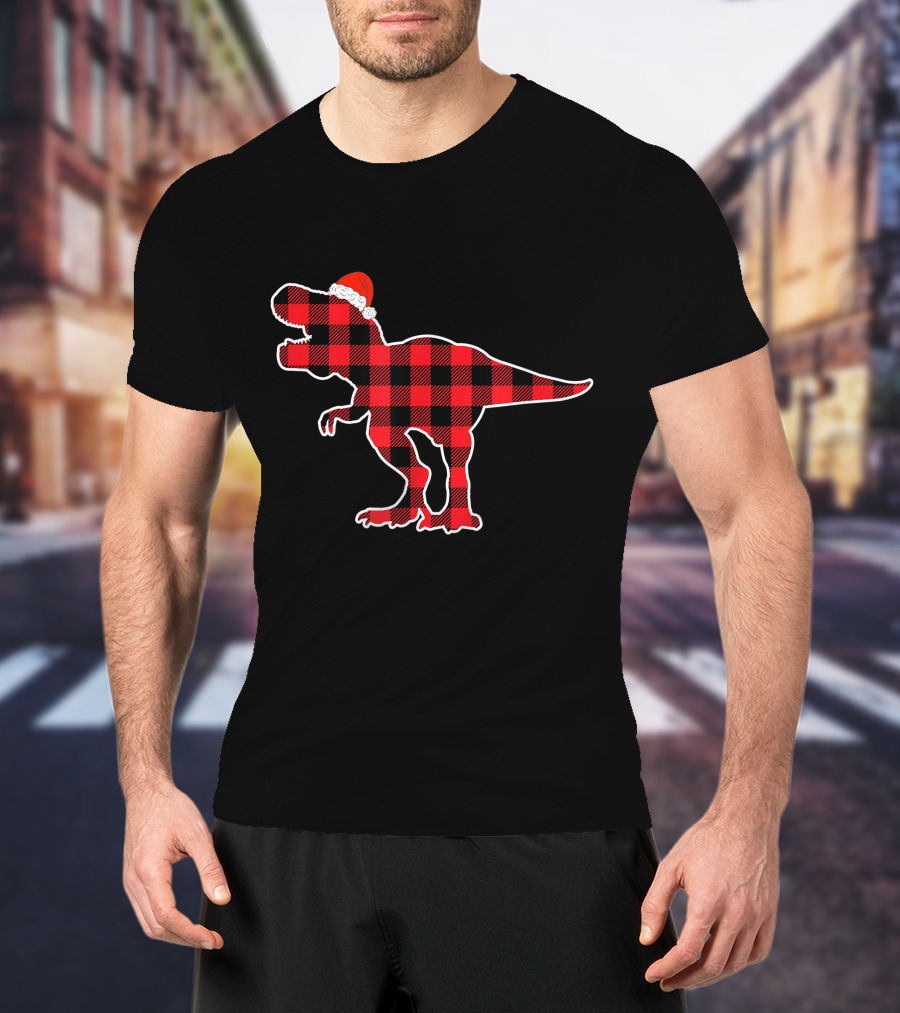 Red Plaid Dinosaur Wearing Santa Hat T-Shirt