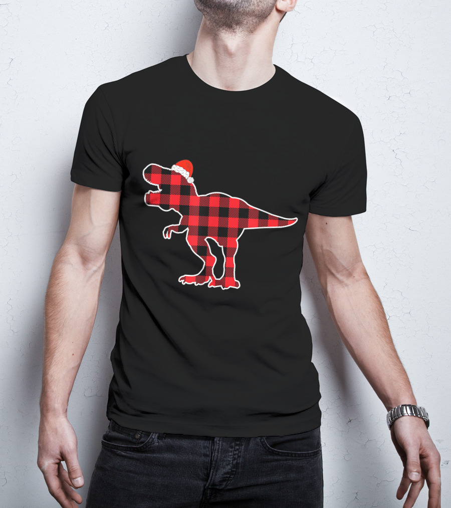 Red Plaid Dinosaur Wearing Santa Hat T-Shirt