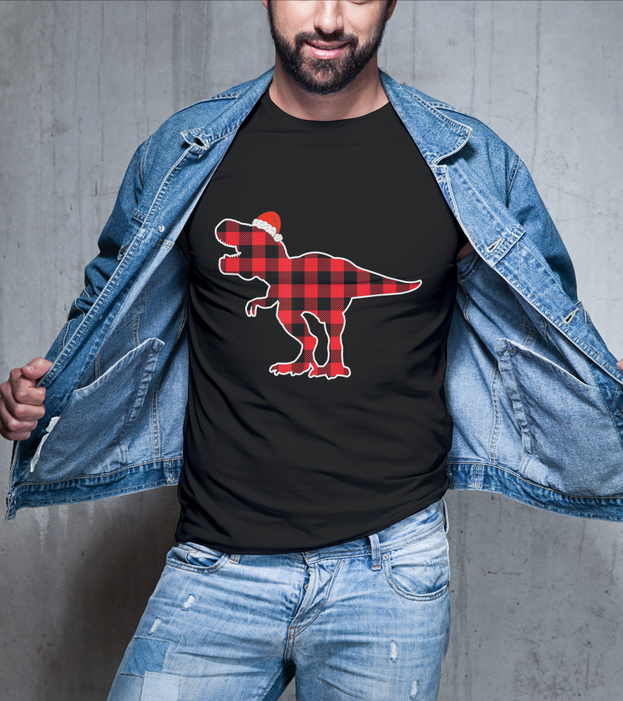 Red Plaid Dinosaur Wearing Santa Hat T-Shirt