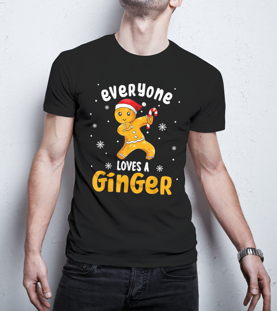 Everyone Loves A Ginger Christmas Gingerbread Man With Santa Hat And Candy Cane T-Shirt