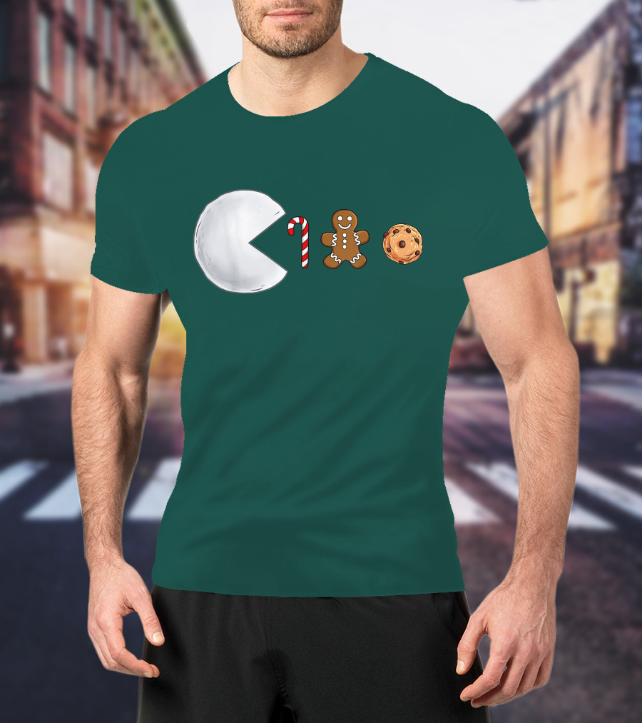 Christmas Snowball Candy Cane Gingerbread Cookie Pac-Man T-Shirt