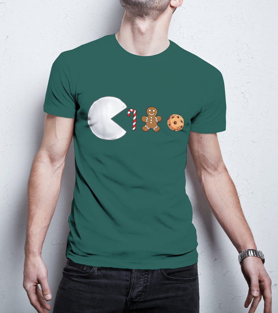 Christmas Snowball Candy Cane Gingerbread Cookie Pac-Man T-Shirt
