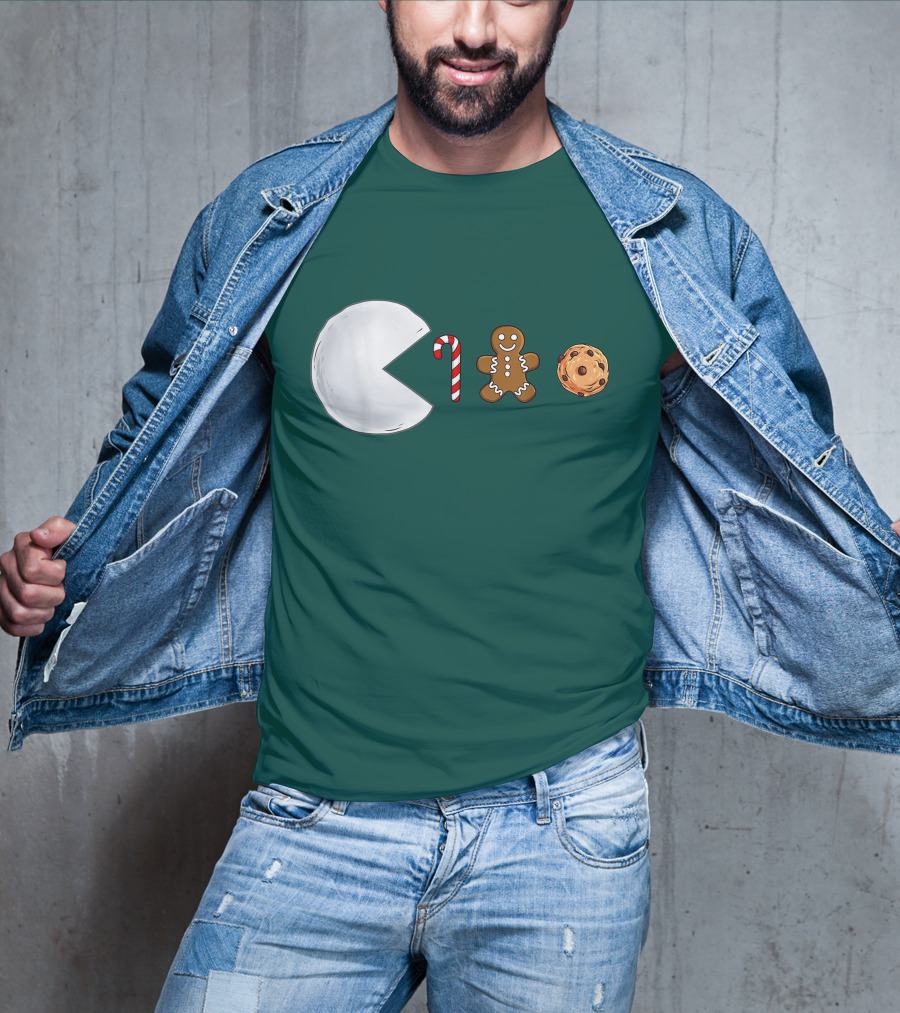 Christmas Snowball Candy Cane Gingerbread Cookie Pac-Man T-Shirt