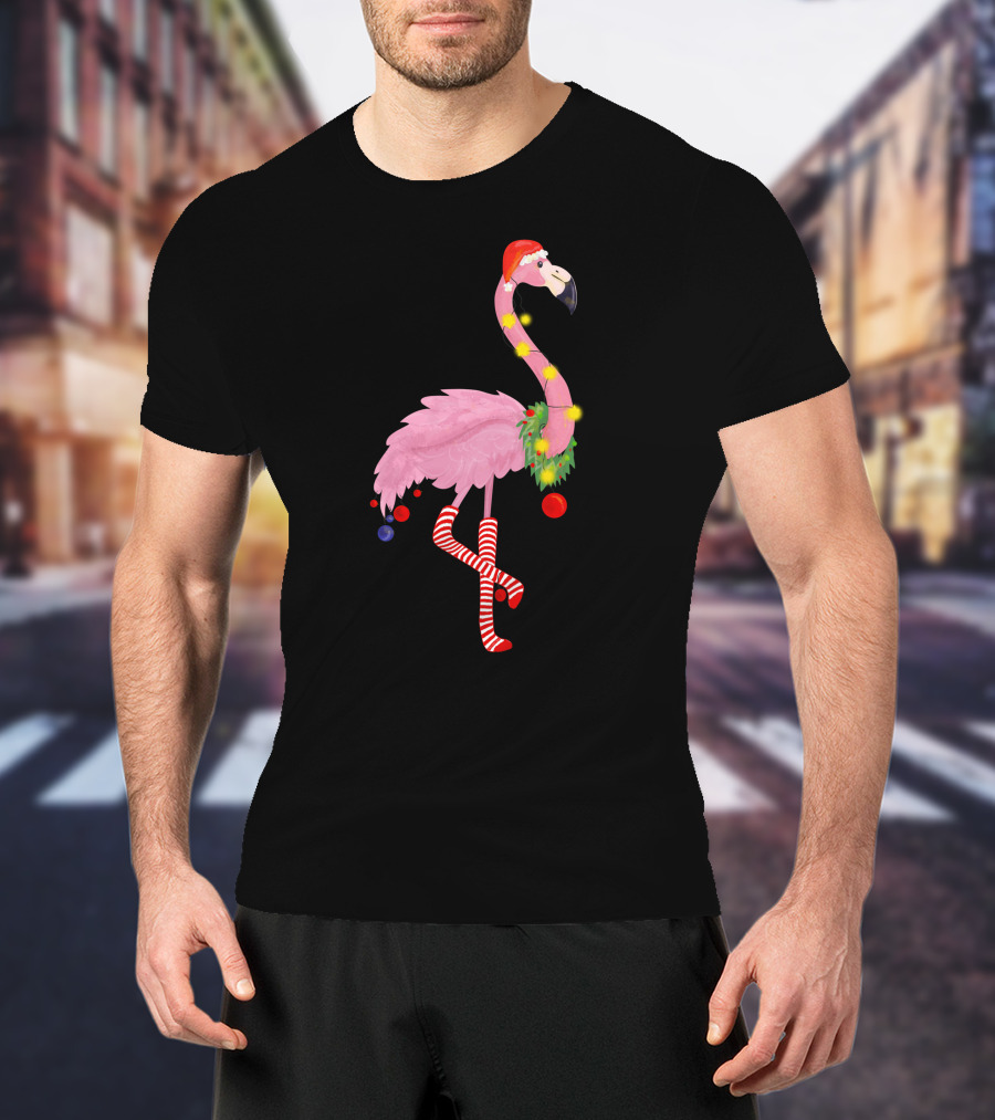 Flamingo Christmas Santa Hat Candy Cane Leggings T-Shirt