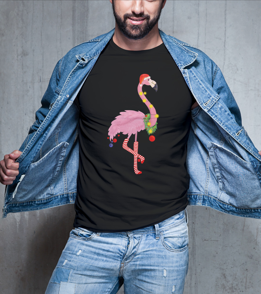 Flamingo Christmas Santa Hat Candy Cane Leggings T-Shirt