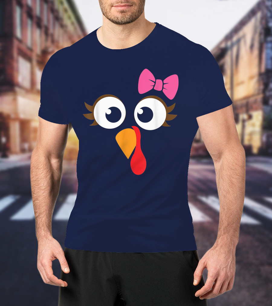 Turkey Face Girl Pink Bow Cute Thanksgiving T-Shirt