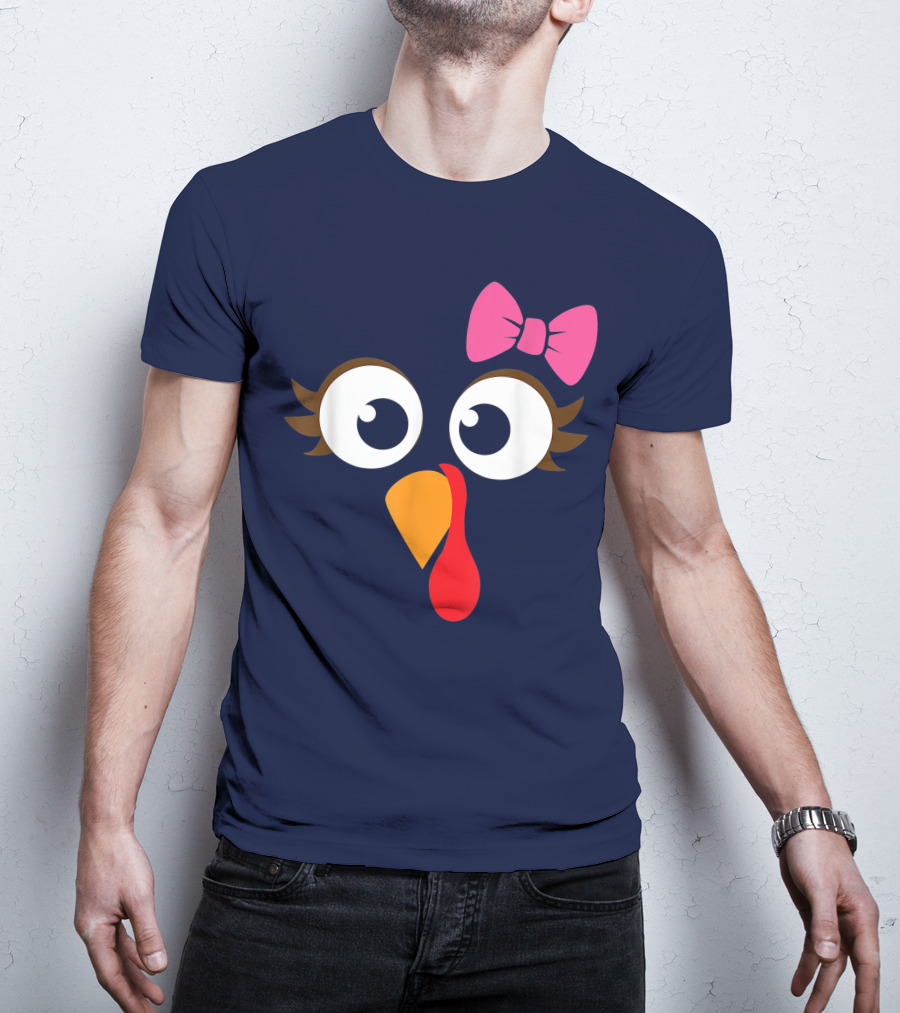 Turkey Face Girl Pink Bow Cute Thanksgiving T-Shirt