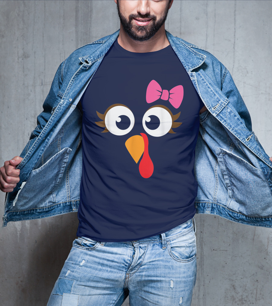Turkey Face Girl Pink Bow Cute Thanksgiving T-Shirt