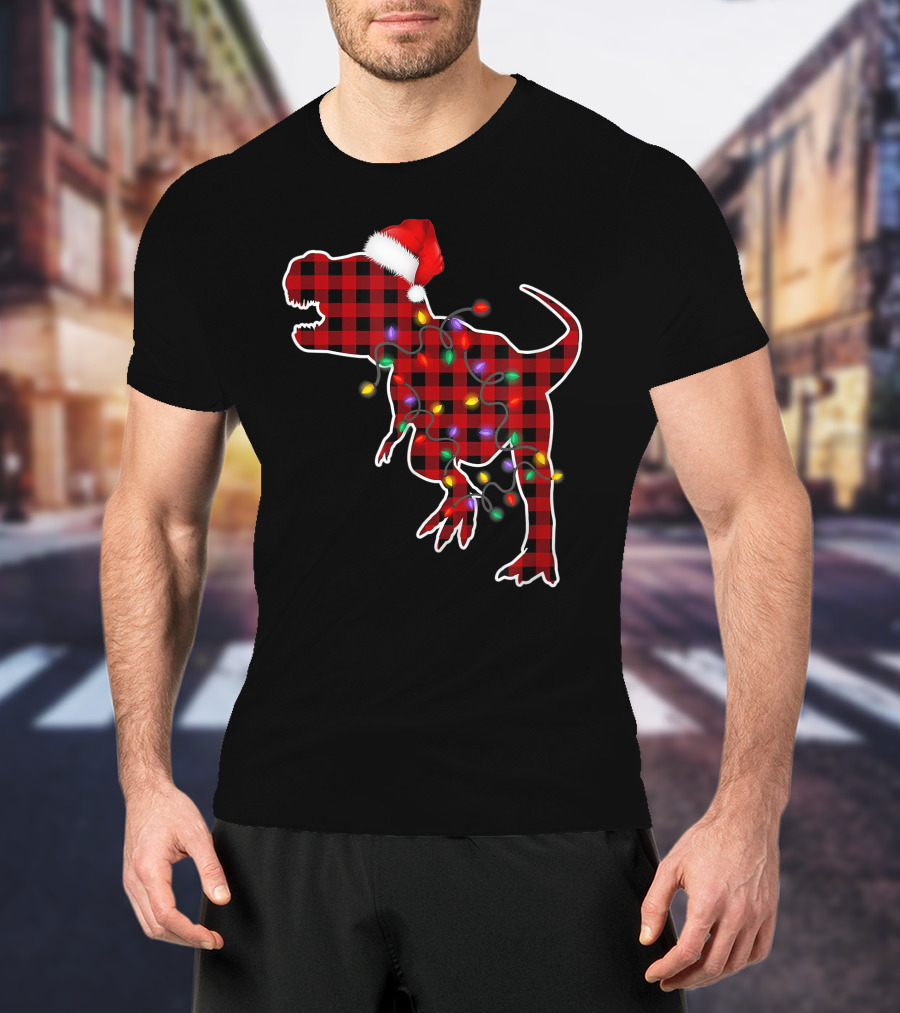 Red Plaid T-Rex Dinosaur With Santa Hat And Christmas Lights T-Shirt