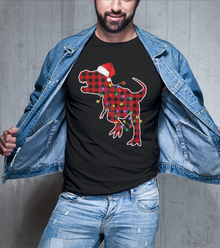 Red Plaid T-Rex Dinosaur With Santa Hat And Christmas Lights T-Shirt