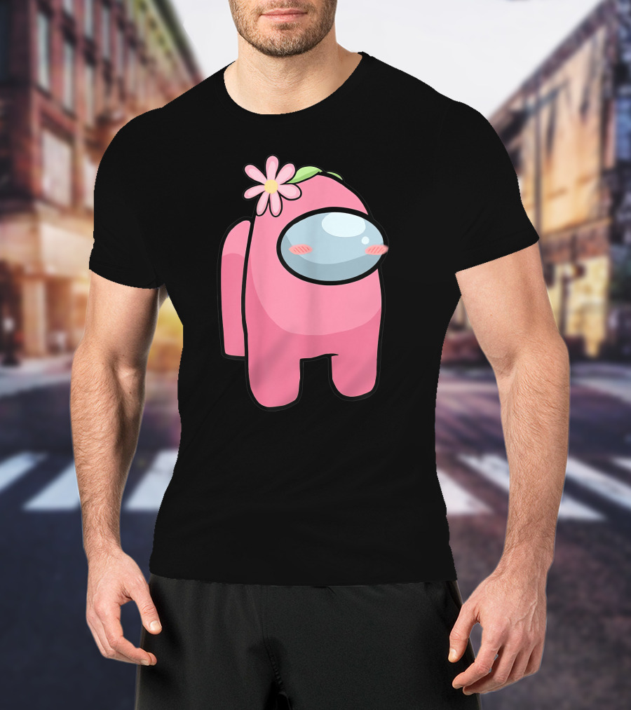 Cute Pink Among Us Sus Character With Flower T-Shirt