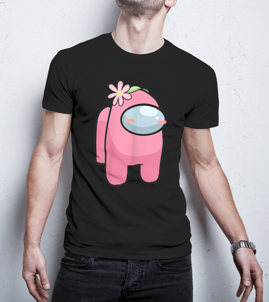 Cute Pink Among Us Sus Character With Flower T-Shirt