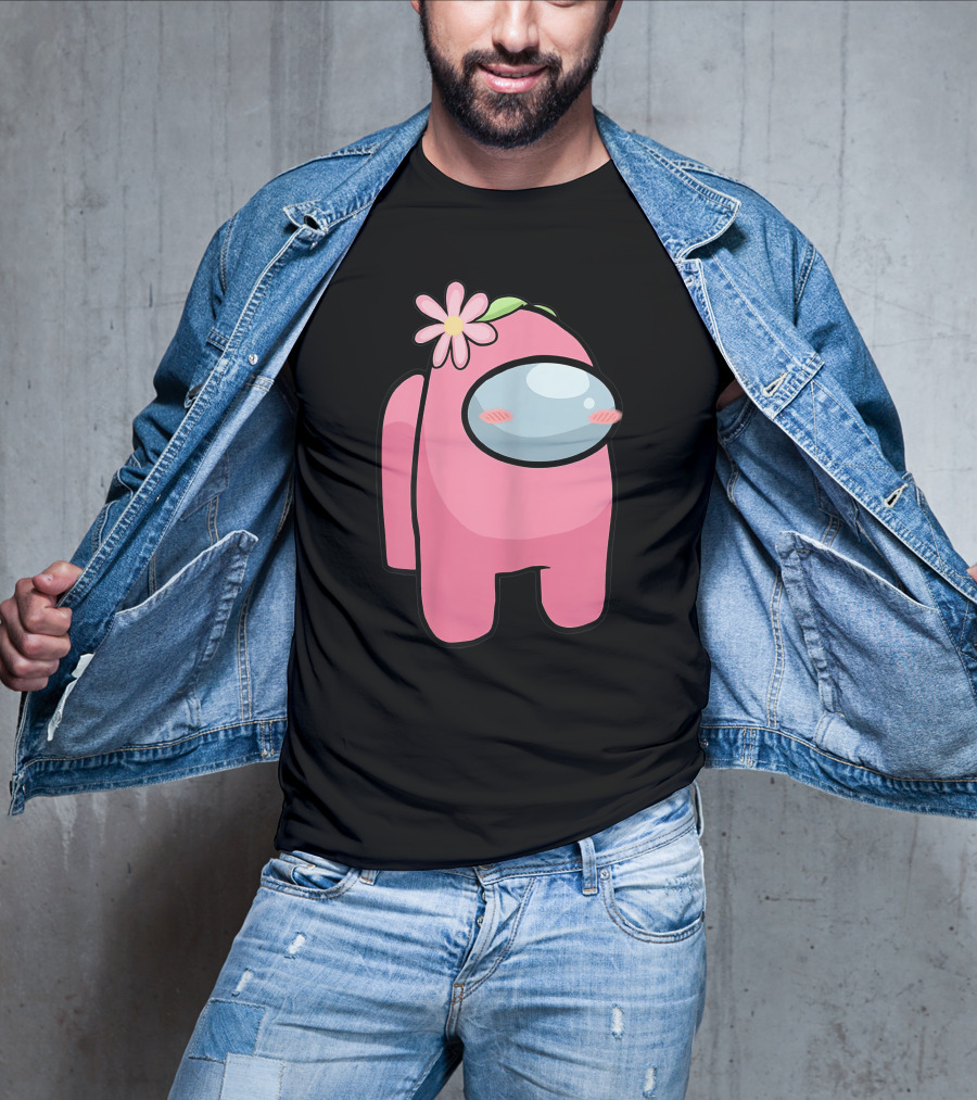Cute Pink Among Us Sus Character With Flower T-Shirt