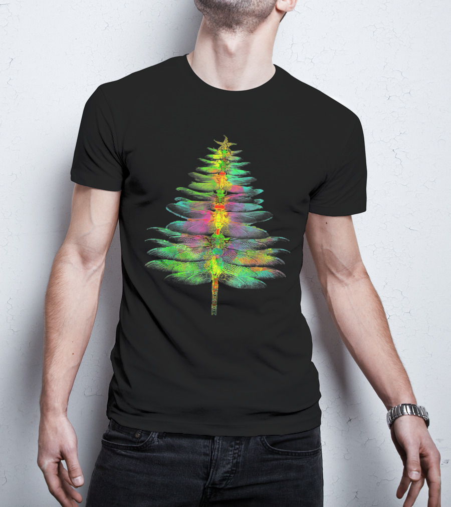 Funny Dragonfly Christmas Tree Multicolored Wings T-Shirt