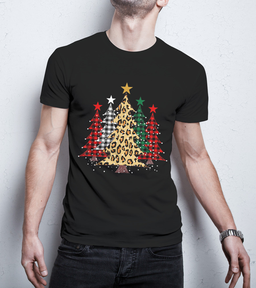 Merry Christmas Trees Buffalo Plaid Leopard Stars Holiday T-Shirt