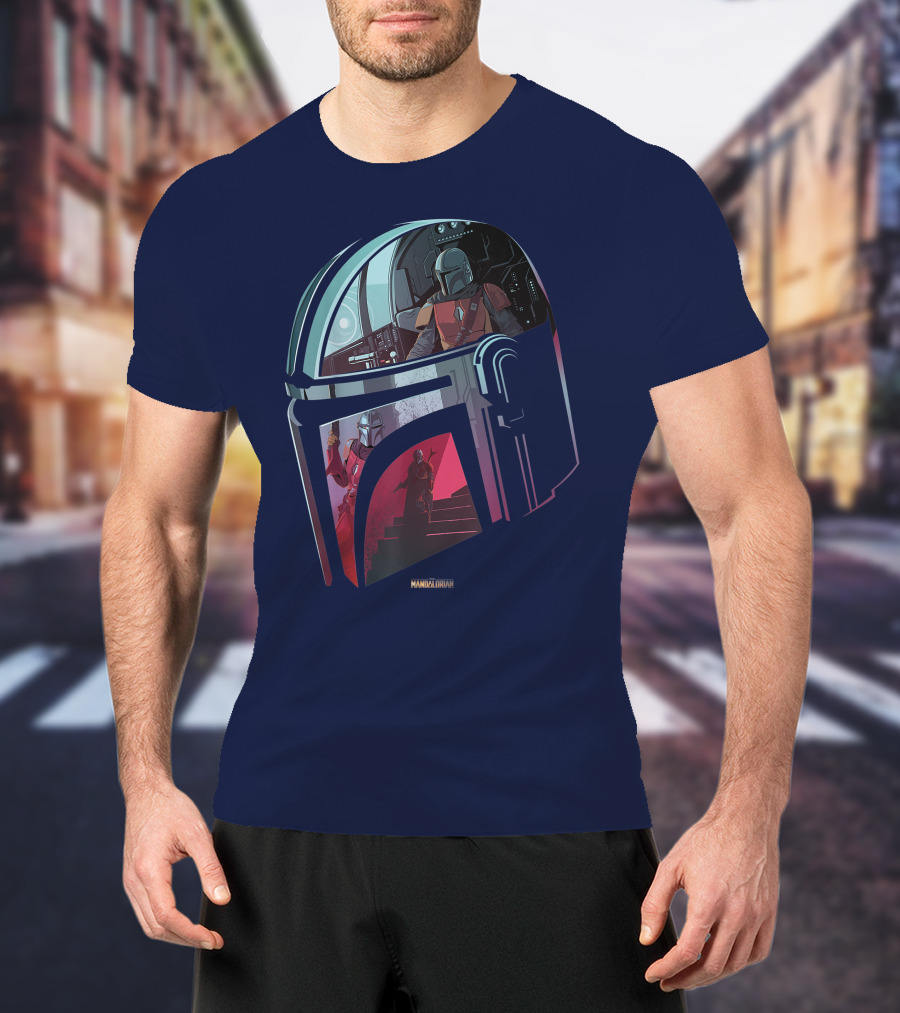 Star Wars The Mandalorian Helmet Spaceship Interior Stairs Scene T-Shirt