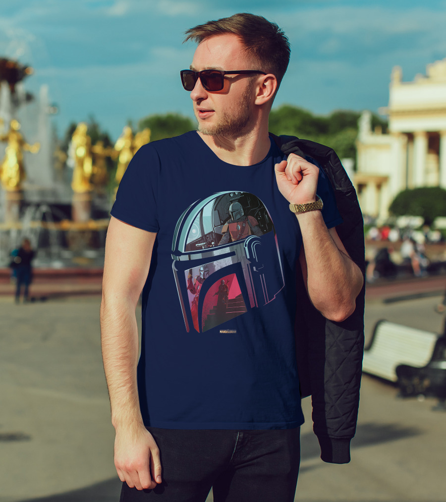 Star Wars The Mandalorian Helmet Spaceship Interior Stairs Scene T-Shirt