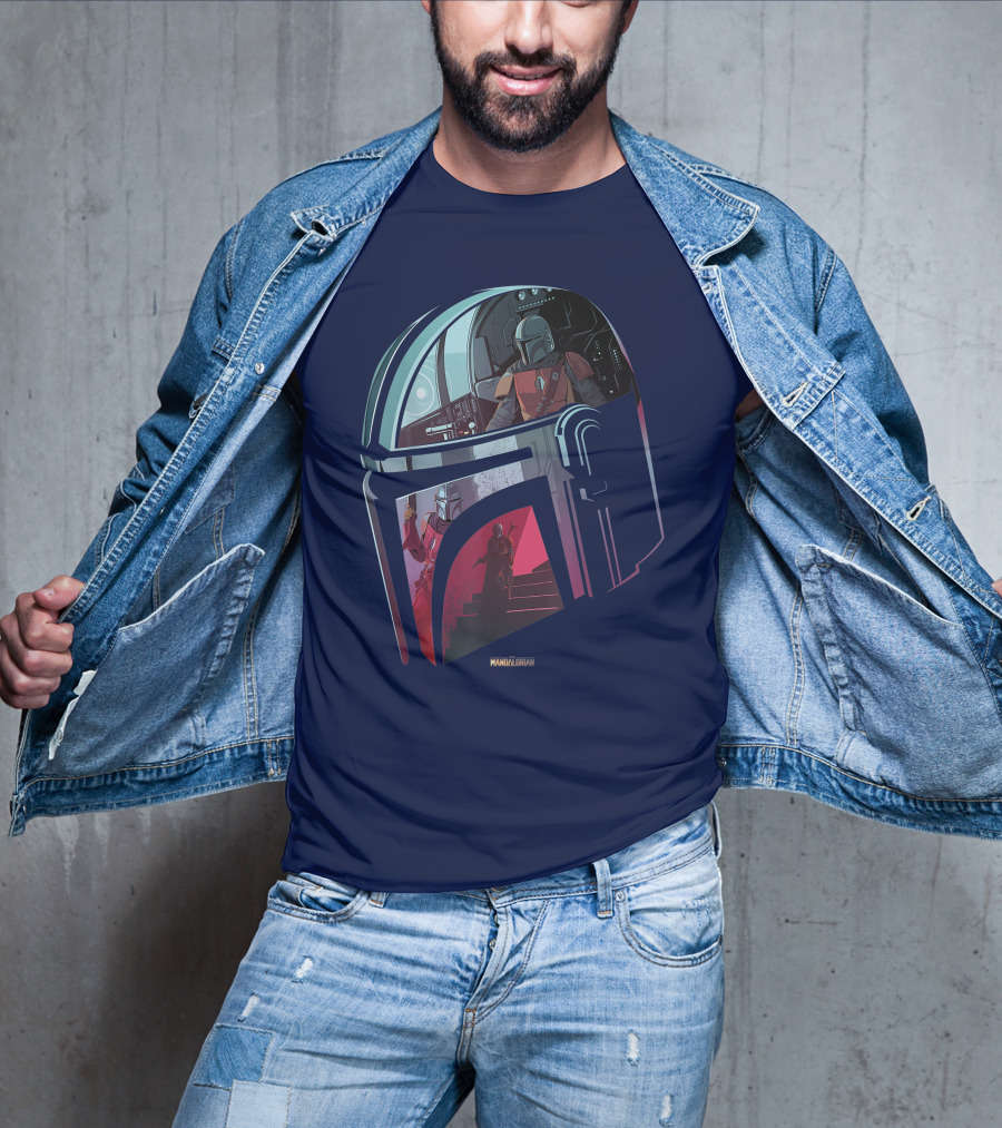 Star Wars The Mandalorian Helmet Spaceship Interior Stairs Scene T-Shirt