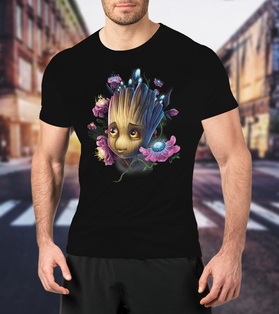 Marvel Guardians Of The Galaxy Groot Surrounded By Vibrant Flowers And Glowing Bugs T-Shirt