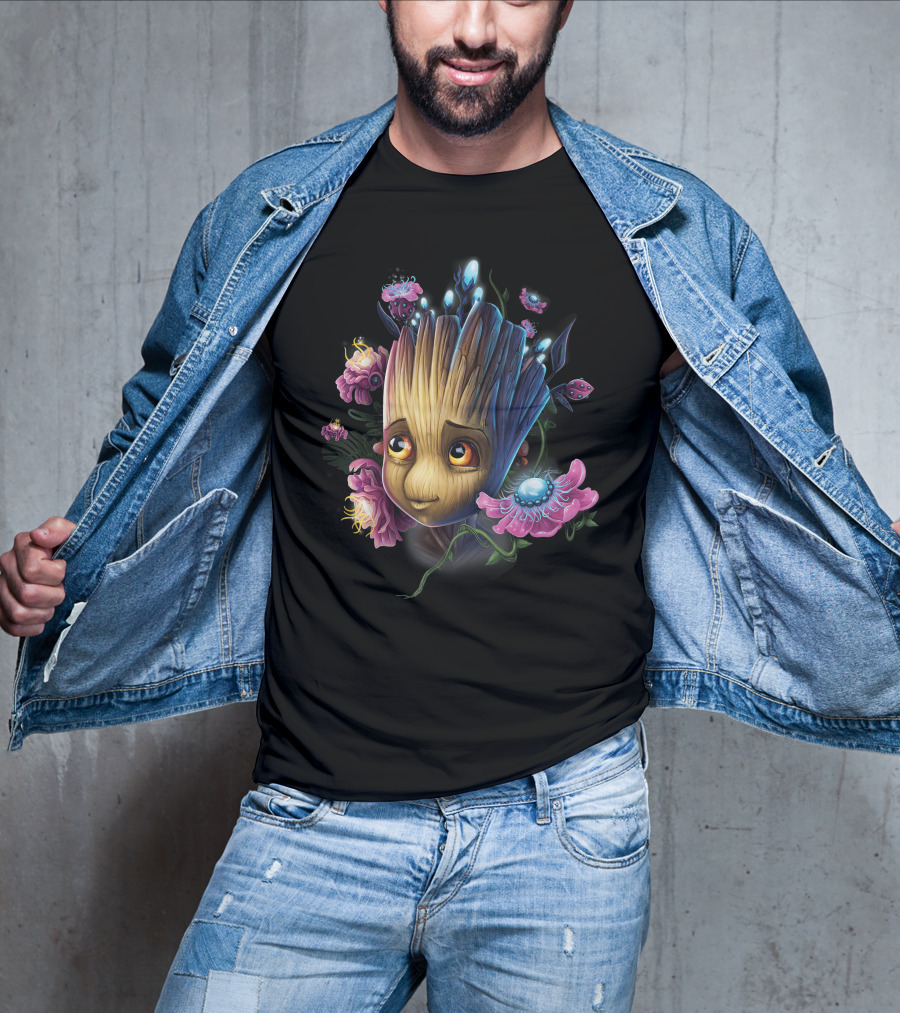 Marvel Guardians Of The Galaxy Groot Surrounded By Vibrant Flowers And Glowing Bugs T-Shirt
