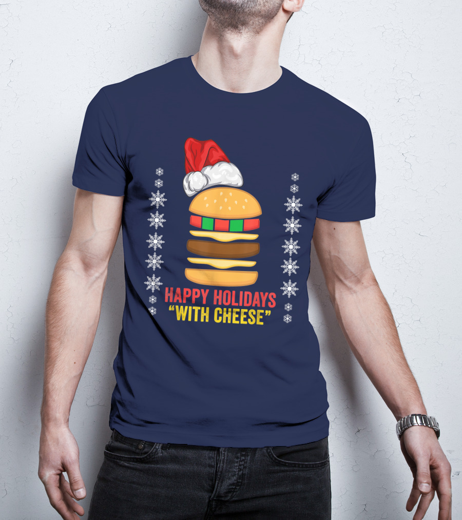 Happy Holidays With Cheese Christmas Cheeseburger Santa Hat Snowflakes T-Shirt