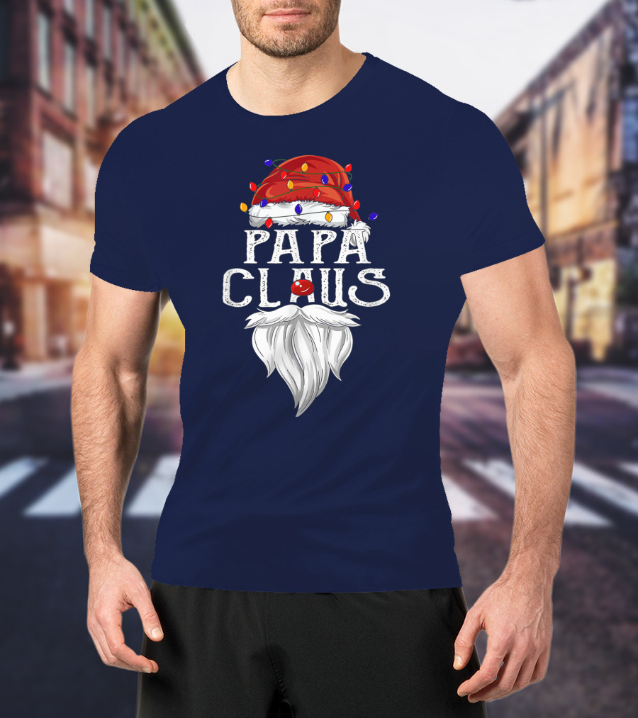 Papa Claus Santa Hat Beard Christmas Lights T-Shirt