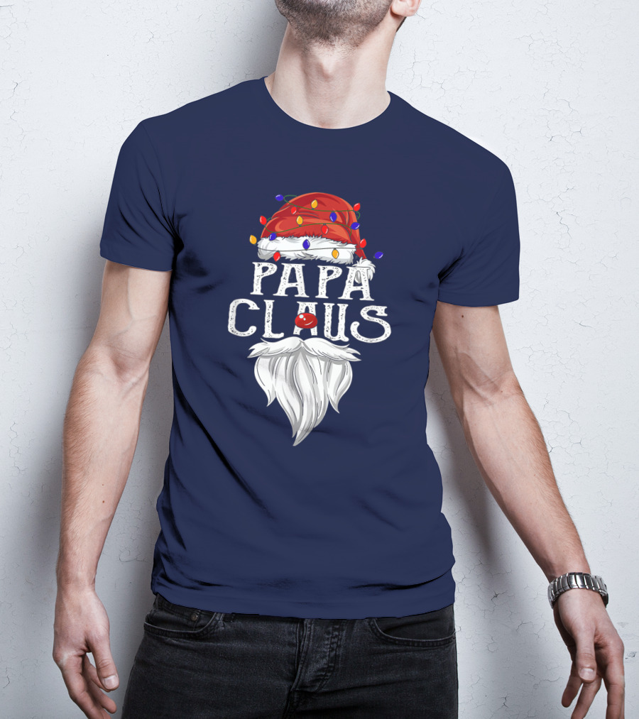 Papa Claus Santa Hat Beard Christmas Lights T-Shirt