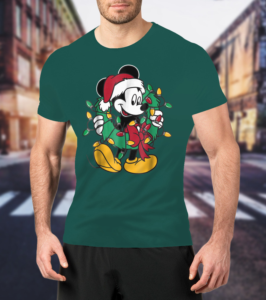Disney Mickey Mouse Santa Hat Christmas Lights Wreath T-Shirt