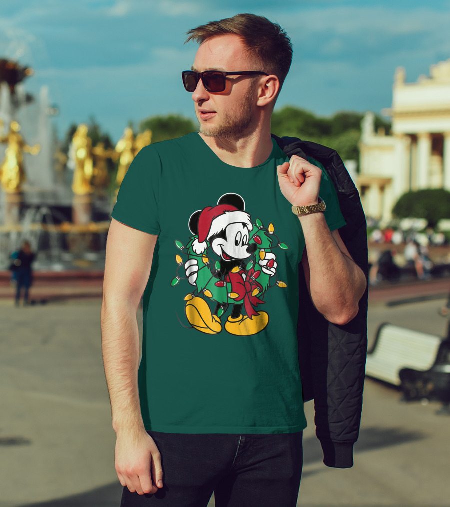 Disney Mickey Mouse Santa Hat Christmas Lights Wreath T-Shirt