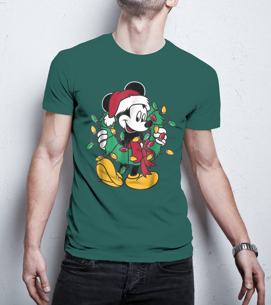 Disney Mickey Mouse Santa Hat Christmas Lights Wreath T-Shirt