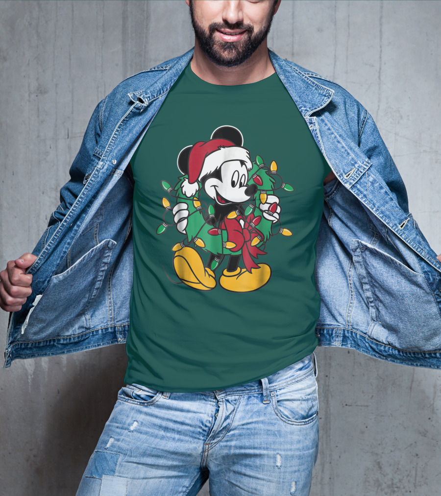 Disney Mickey Mouse Santa Hat Christmas Lights Wreath T-Shirt