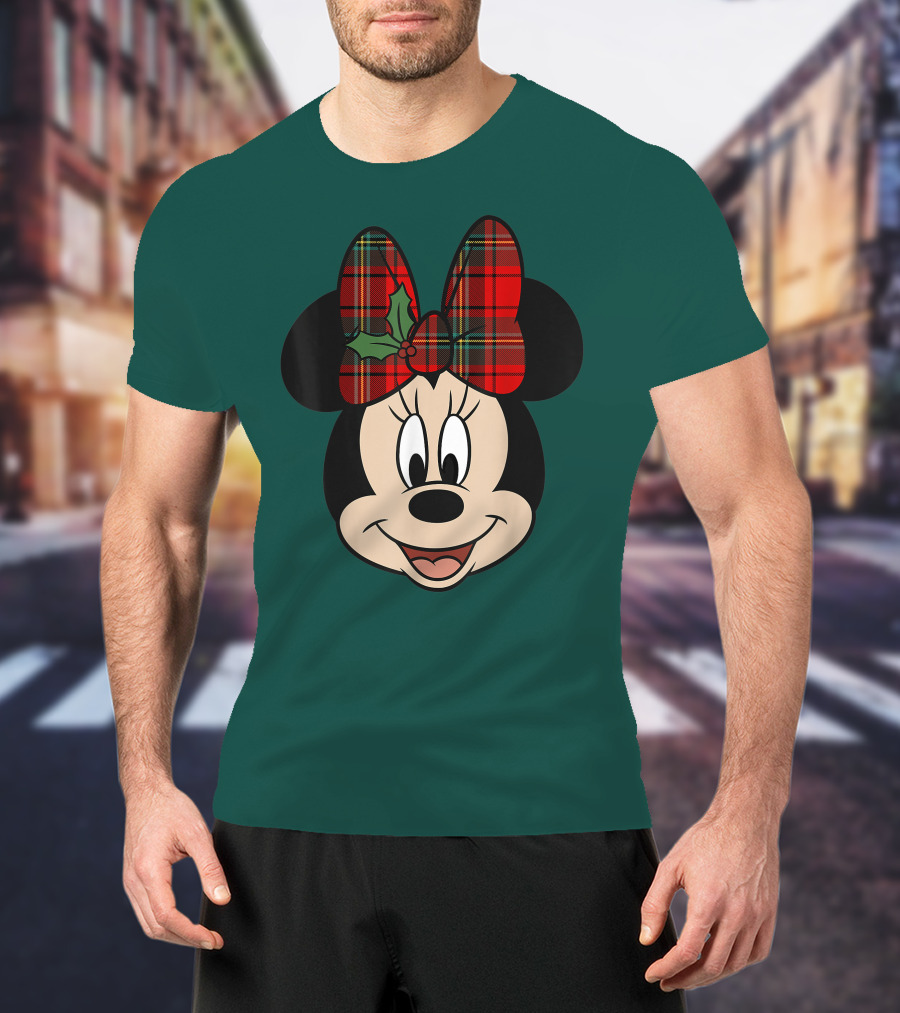 Disney Minnie Mouse Plaid Christmas Bow With Holly T-Shirt