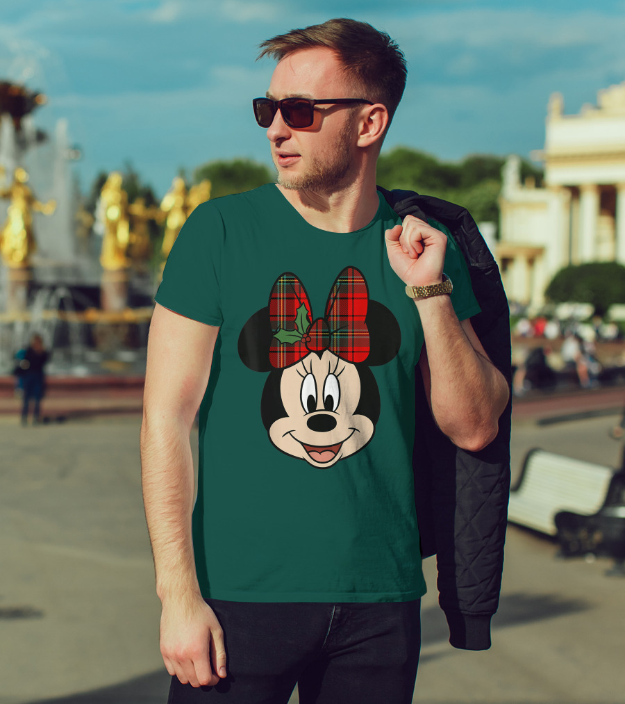 Disney Minnie Mouse Plaid Christmas Bow With Holly T-Shirt
