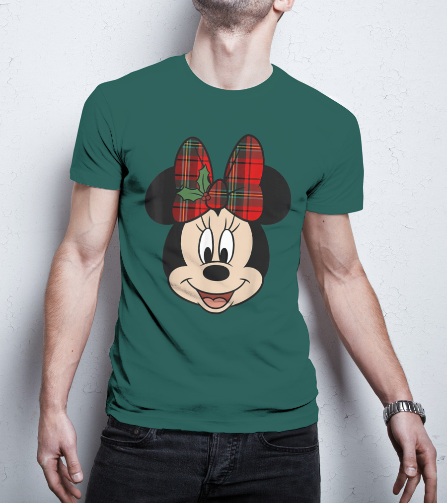 Disney Minnie Mouse Plaid Christmas Bow With Holly T-Shirt