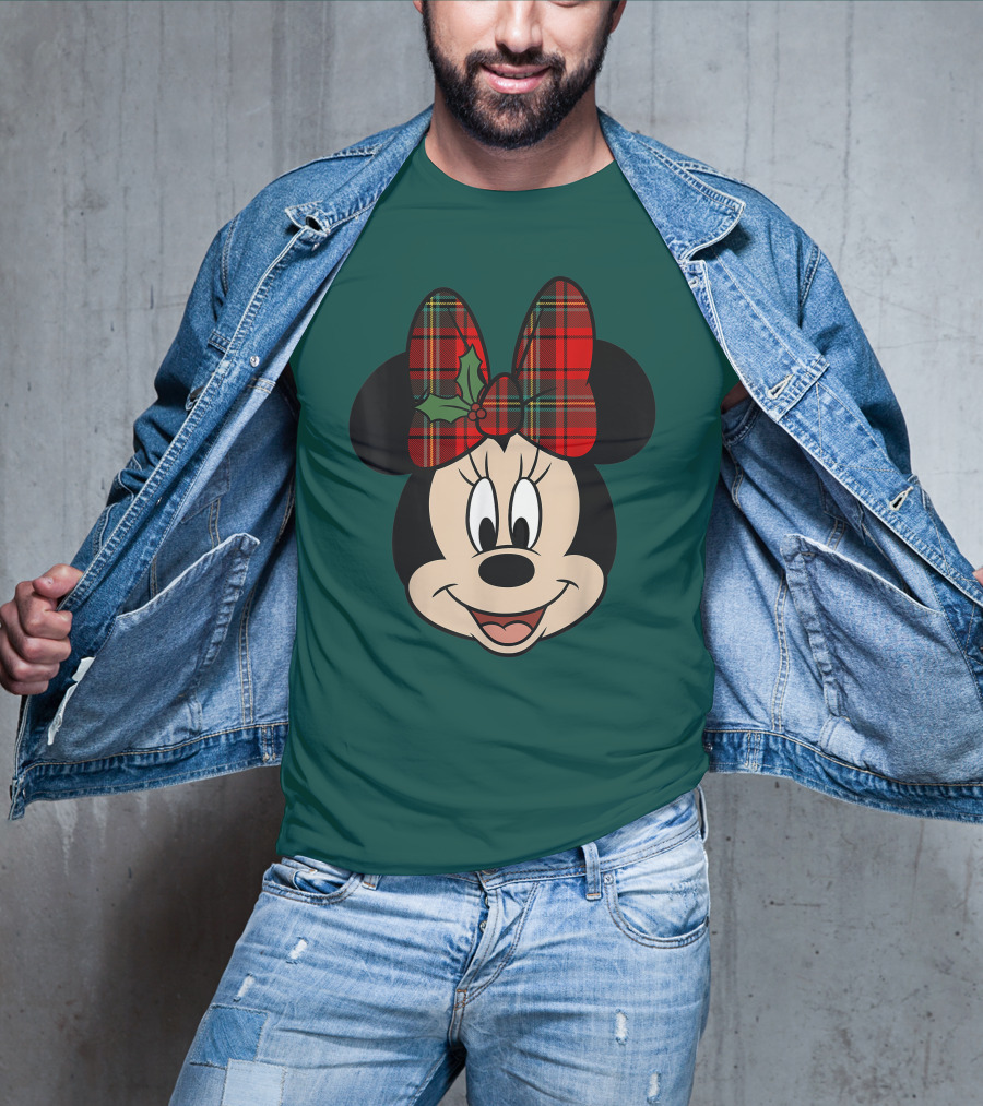 Disney Minnie Mouse Plaid Christmas Bow With Holly T-Shirt