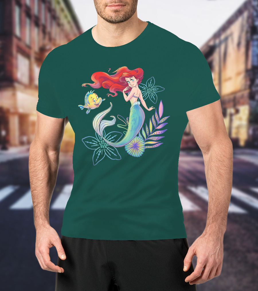Disney The Little Mermaid Ariel Flounder Floral T-Shirt