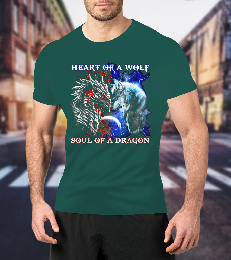 HEART OF A WOLF SOUL OF A DRAGON Wolf Dragon Lightning Planet Cracked Earth T-Shirt