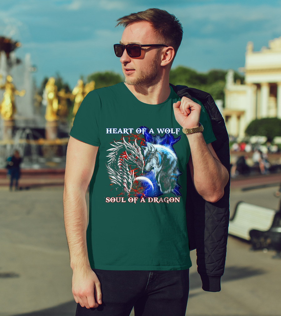 HEART OF A WOLF SOUL OF A DRAGON Wolf Dragon Lightning Planet Cracked Earth T-Shirt