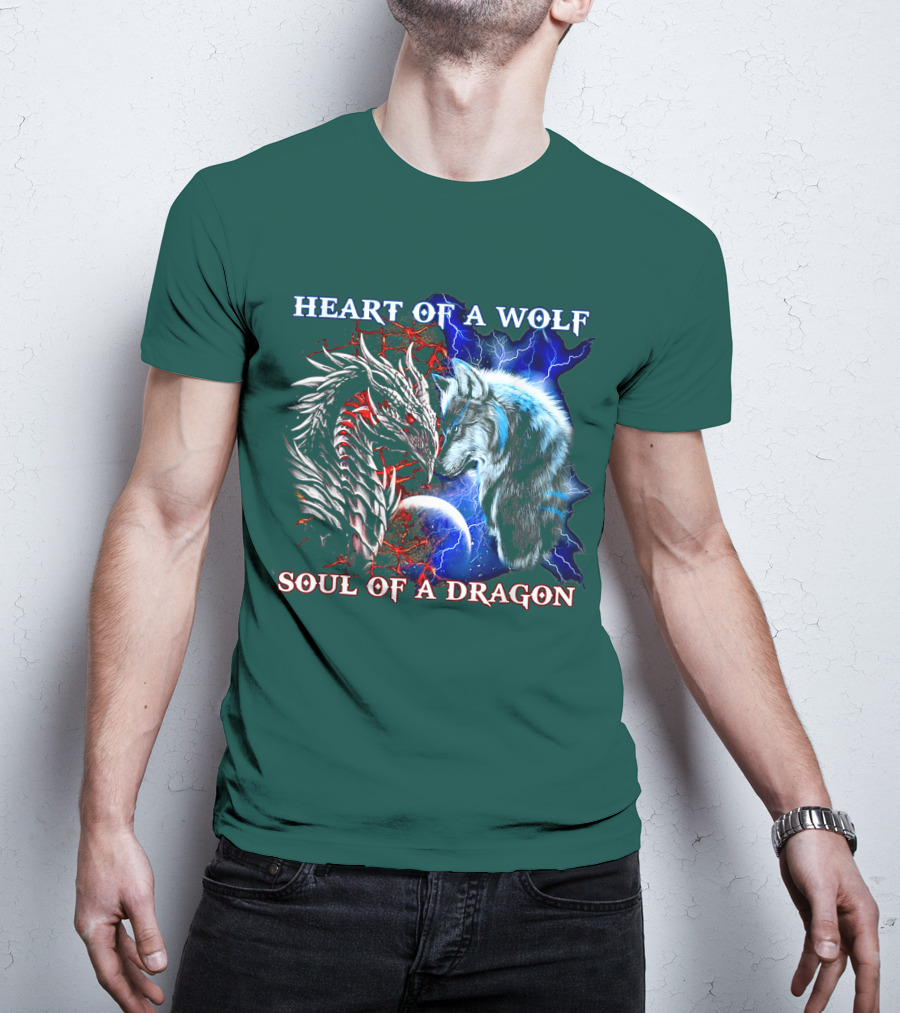 HEART OF A WOLF SOUL OF A DRAGON Wolf Dragon Lightning Planet Cracked Earth T-Shirt