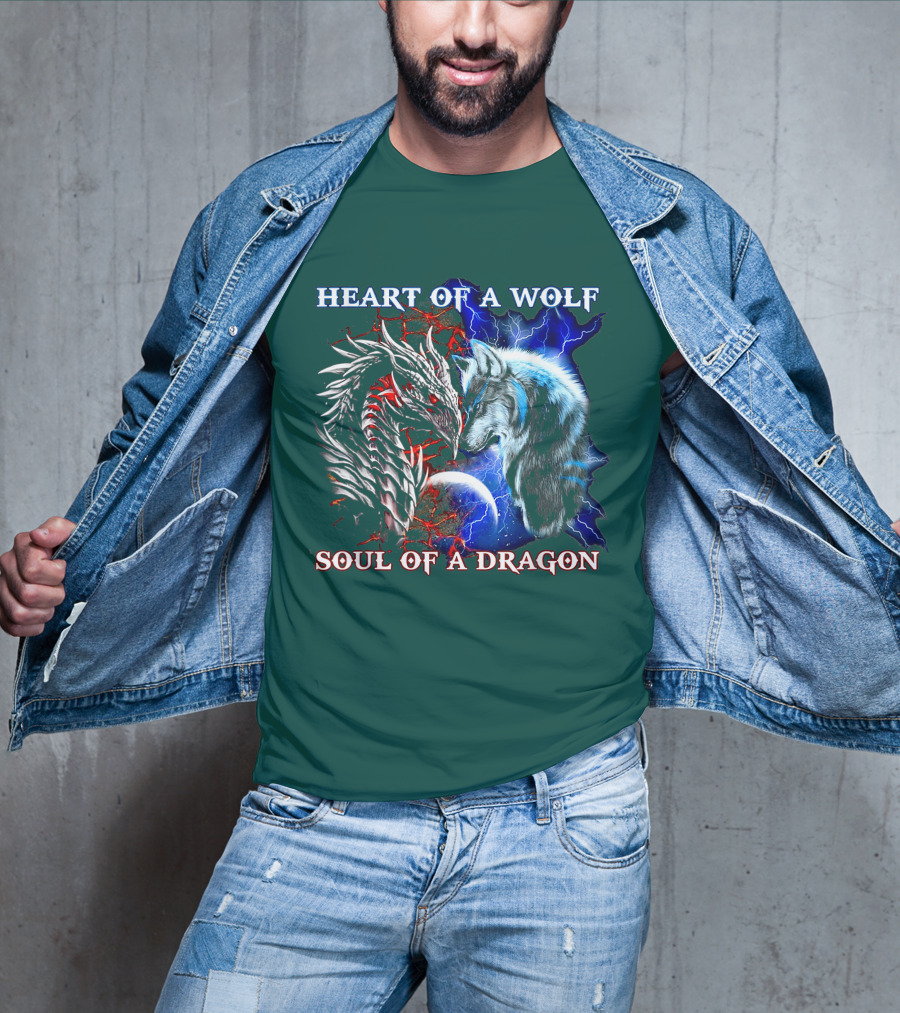 HEART OF A WOLF SOUL OF A DRAGON Wolf Dragon Lightning Planet Cracked Earth T-Shirt