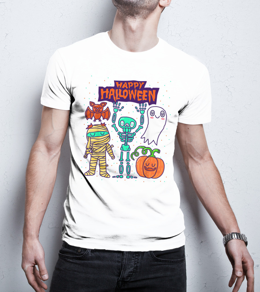 Happy Halloween Skeleton Ghost Pumpkin Mummy Bat T-Shirt