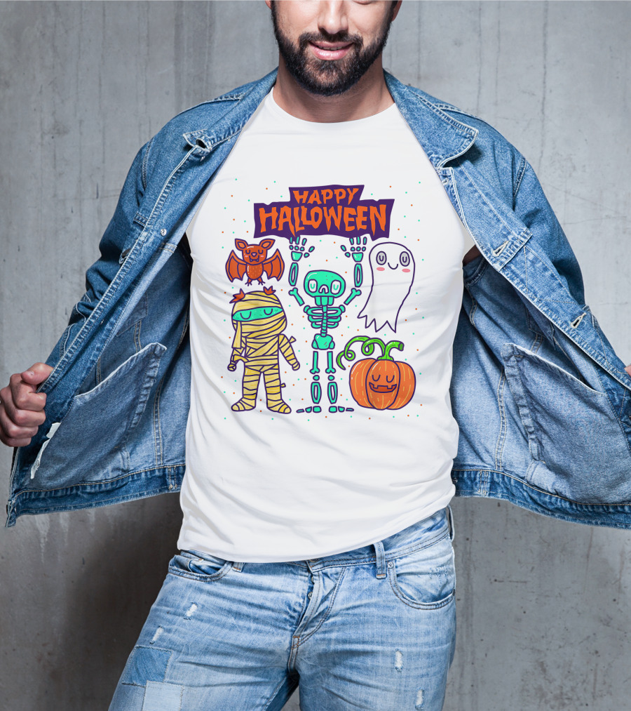 Happy Halloween Skeleton Ghost Pumpkin Mummy Bat T-Shirt