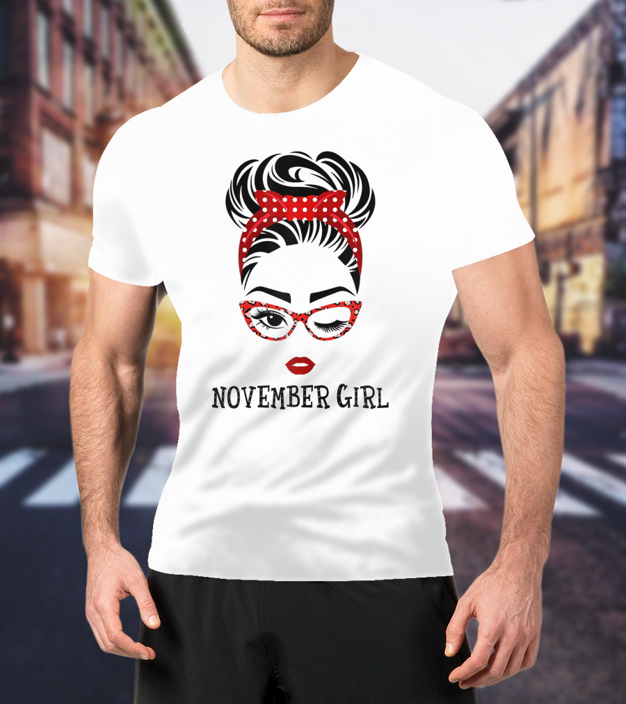 November Girl Wink Eye Woman Face Wink Eyes Lady Birthday Red Polka Dot Glasses T-Shirt