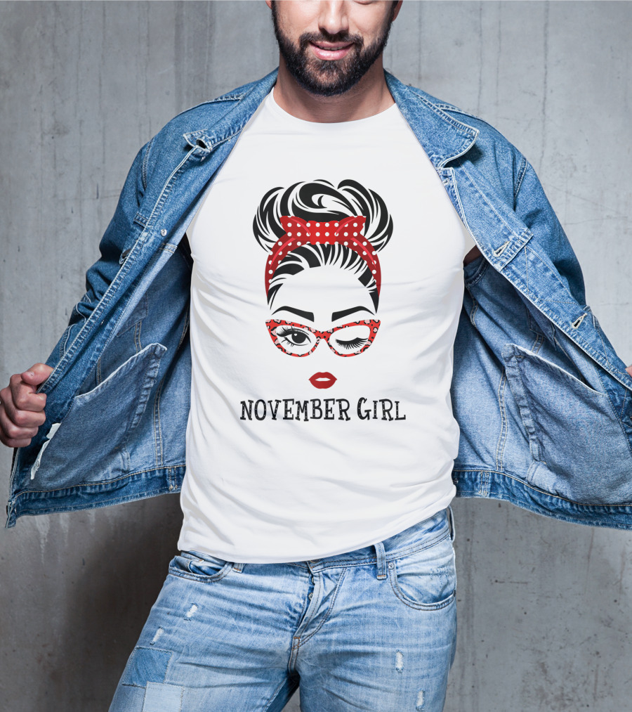November Girl Wink Eye Woman Face Wink Eyes Lady Birthday Red Polka Dot Glasses T-Shirt