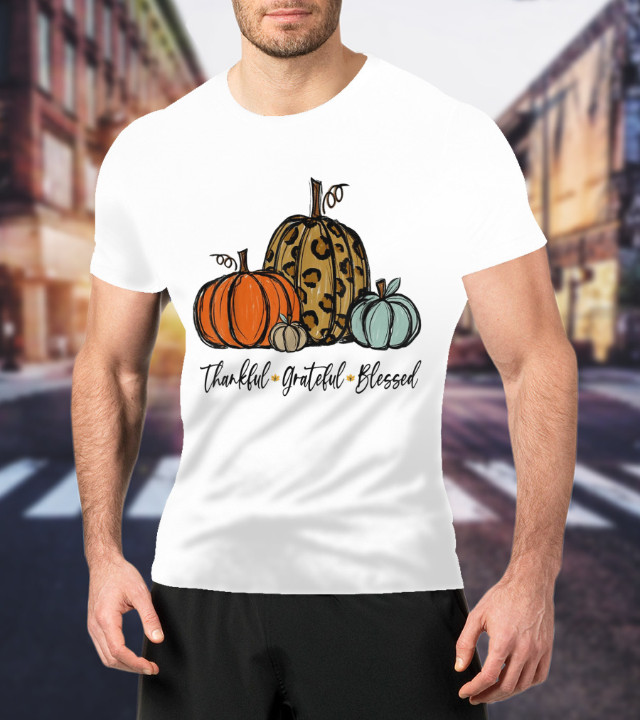 Thankful Grateful Blessed Leopard Print Pumpkin Thanksgiving Day T-Shirt