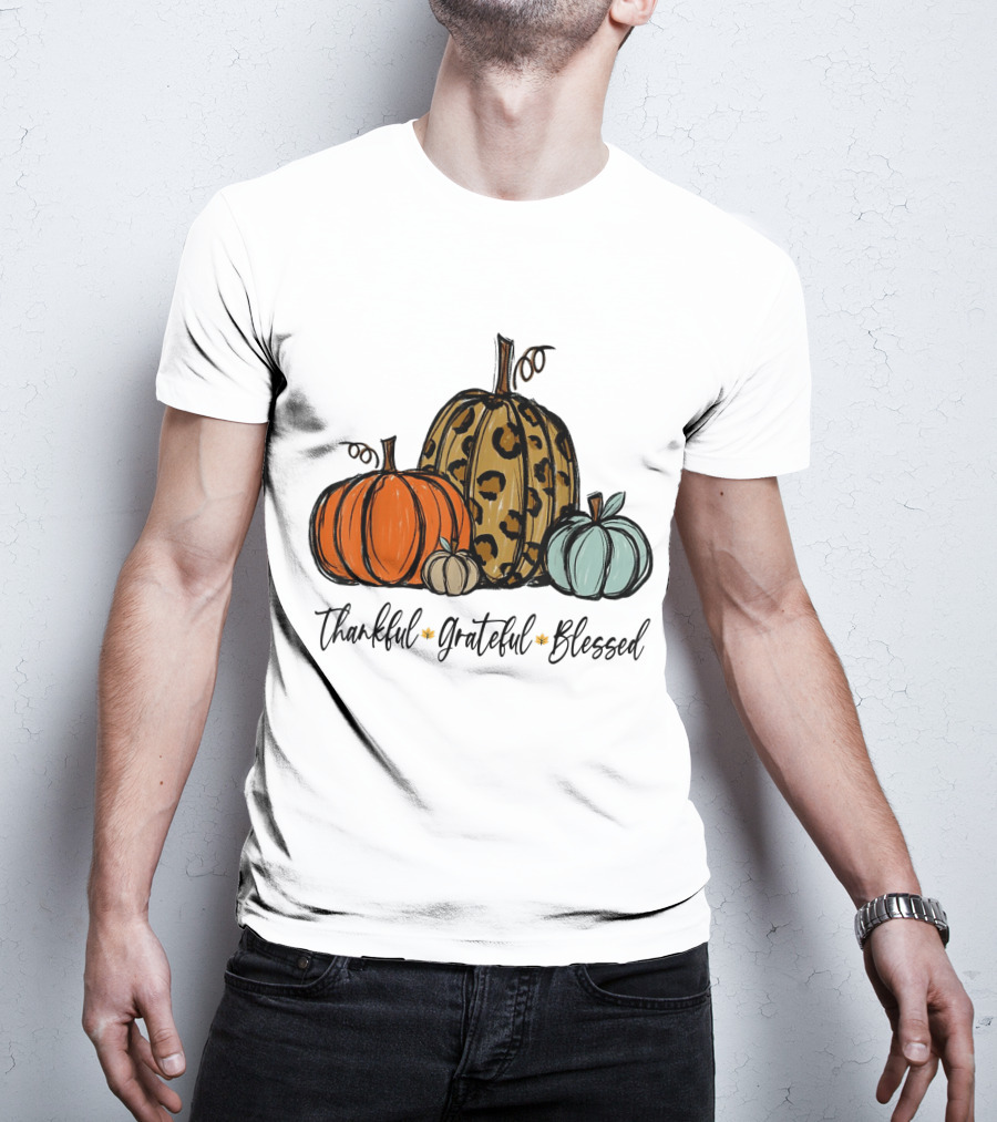 Thankful Grateful Blessed Leopard Print Pumpkin Thanksgiving Day T-Shirt