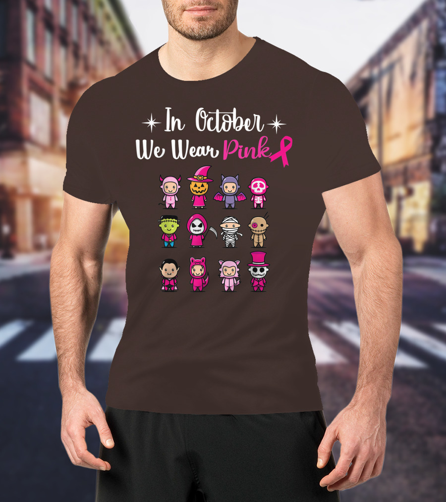 In October We Wear Pink Breast Cancer Awareness Halloween Characters T-Shirt